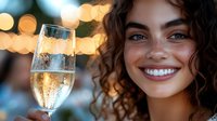 Young woman with curly hair and freckles smiling next to champagne glass with golden bubbles against blurred bokeh lights background, celebrating special occasion.