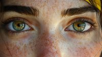 Close-up portrait of young Caucasian woman with striking green eyes and natural freckles across nose and cheeks for beauty and skincare concepts.