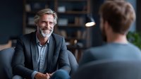Mature bearded businessman in grey suit smiling during office meeting with colleague. Professional corporate conversation in modern workspace setting.