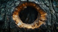 Dark hollow in tree trunk with glowing amber edges creates mysterious natural portal effect, dramatic lighting highlights wood grain texture and organic patterns.