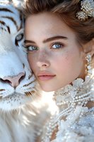 Young woman with freckles and blue eyes in white lace dress poses with white tiger in dreamy winter setting, creating ethereal fantasy portrait with soft lighting.