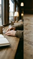 Person relaxing at wooden table in cozy cafe with warm lighting, hands resting beside coffee cup and book, peaceful atmosphere for reading and contemplation.