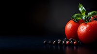 Fresh red tomatoes with water drops and basil leaf alongside scattered black peppercorns on dark background, dramatic food photography composition.