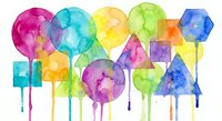 Colorful watercolor geometric shapes with dripping paint effects in rainbow hues on white background for creative design projects.