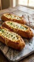 Three golden baked potato boats filled with creamy mashed potatoes and fresh herbs on rustic wooden cutting board for comfort food recipes.