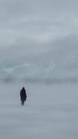 Solitary figure standing in misty landscape with ethereal digital wireframe overlay, representing isolation, technology, and contemplation in foggy environment.