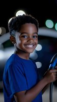 Young African American boy in blue t-shirt smiling brightly against blurred bokeh background, expressing joy and confidence while holding an electronic device.