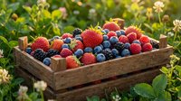 Fresh mixed berries in rustic wooden crate outdoors. Strawberries, blueberries, blackberries and raspberries harvest for healthy eating and organic farming.