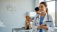 Female veterinarian smiling in modern clinic with golden retriever puppy on examination table. Professional healthcare worker in white coat with stethoscope.