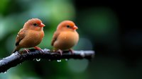 Two orange finches perched on wet branch against blurred green background, soft bokeh effect creates dreamy nature atmosphere, wildlife photography concept.