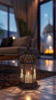 Traditional oriental lantern with glowing warm light casting intricate shadow patterns on carpet in cozy modern living room interior during evening.