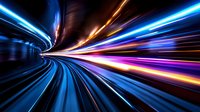 Abstract light trails in motion through curved tunnel, blue and orange streaks creating dynamic perspective with high speed effect. For technology backgrounds.