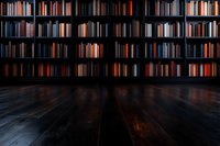 Dark wooden floor reflects warm light in front of vast library shelves filled with books in moody atmospheric setting, creating dramatic literary ambiance.