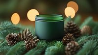 Green cosmetic jar on pine branches with cones and golden bokeh lights in background, natural skincare product photography for beauty and wellness marketing.