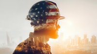 Double exposure silhouette of male construction worker with American flag helmet against urban skyline at sunset, symbolizing patriotic labor force.