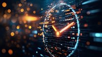 Digital clock interface with glowing neon elements against dark technology background with code and bokeh lights.