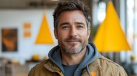 Confident mature Caucasian man with gray beard wearing casual hoodie and jacket smiling at camera in modern office space with yellow geometric decor in background.