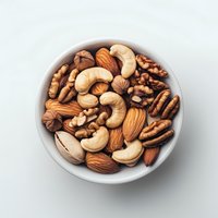 Mixed raw nuts in white ceramic bowl on light background, including almonds, cashews, pecans, and pistachios. Healthy protein-rich snack food concept.