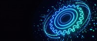 Glowing blue gear wheel with digital particles on dark background for technology and engineering concepts in business presentations and web design.