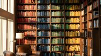 Cozy home library with floor-to-ceiling wooden bookshelves filled with colorful books, warm sunlight streaming through windows creating peaceful reading atmosphere.