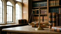 Golden scales of justice on wooden desk in traditional law library with leather-bound books and arched windows creating warm professional atmosphere.