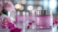 Pink luxury cosmetic cream jar with ornate pattern on glass container against blurred rose petals and bokeh lights background, feminine skincare product photography.