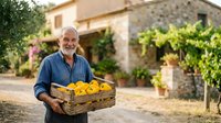 Senior man with gray beard and light skin tone, wearing blue shirt, holding wooden crate of fresh lemons at rural farmhouse. Suitable for agriculture, farming, harvest, and food production content.