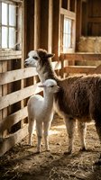 Two alpacas standing in a rustic wooden barn with natural sunlight streaming through windows, ideal for farm, agriculture, and livestock content.