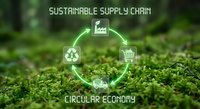 Sustainable supply chain and circular economy concept with glowing green icons on moss background, showing eco-friendly production cycle.
