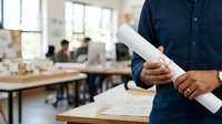 Male architect or engineer in navy shirt holding rolled blueprint plans in modern office workspace with colleagues and natural light.