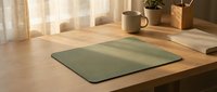 Minimalist sage green placemat on wooden table with coffee mug and plant in warm natural sunlight creating cozy dining atmosphere for home decor.