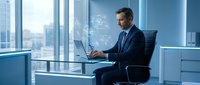 Professional businessman in navy suit working on laptop in modern glass office with city skyline view, corporate executive at desk for business presentations.