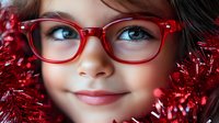Young girl with bright blue eyes wearing red glasses, surrounded by festive red tinsel decorations, smiling warmly at camera. Holiday portrait capturing childhood joy.
