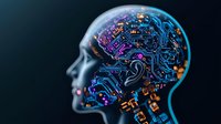 Futuristic human head profile with glowing circuit patterns and digital elements in blue and purple neon colors showing artificial intelligence concept.