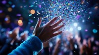 Hand reaching towards colorful confetti explosion with blurred crowd and bokeh lights in background, creating magical celebratory atmosphere at night event.