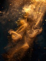 Magical golden smoke and glitter particles dancing in dark space, perfect for mystical backgrounds, fantasy book covers, and spiritual designs. Ethereal light effects create dreamy atmosphere.