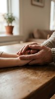 Elderly hands gently holding young hands on wooden table in warm home interior showing intergenerational care and family support.