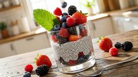 Chia seed pudding layered with fresh raspberries, blueberries and blackberries in glass, garnished with mint leaf on wooden kitchen counter.