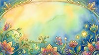Watercolor floral frame with colorful flowers, butterflies, and golden stars on a soft pastel gradient background with copy space.
