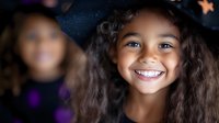 Young mixed-race girl in witch hat smiling at camera during Halloween celebration with friends in background for costume party decorations.