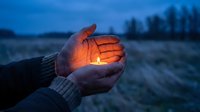 Hands cupped around small flame during blue hour twilight creating warm glow against cold evening landscape for hope and protection concepts.