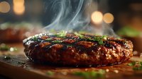 Juicy grilled beef burger patty with grill marks and rising steam, garnished with fresh herbs on wooden cutting board.