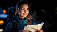 Young Hispanic woman holding paper map while hiking at night, wearing blue jacket and backpack, illuminated by warm light. Adventure travel concept.