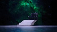 Mysterious throne on white marble steps against cosmic green nebula background, floating in dark space. Surreal minimal composition for fantasy concepts.