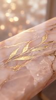 Closeup of hand with gold leaf botanical design and glitter, soft bokeh lighting in warm tones, luxury skincare and cosmetics.