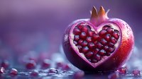 Fresh ripe pomegranate cut in heart shape with juicy seeds on purple background, romantic food styling for Valentine's day and love concept.