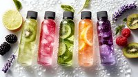 Colorful fruit-infused detox water bottles with fresh ingredients on ice. Healthy hydration drinks with kiwi, berries, citrus for wellness lifestyle.