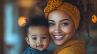 Young African American mother wearing yellow headwrap holds smiling baby boy close in warm atmospheric portrait with soft bokeh lighting and natural connection.