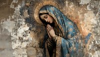 Virgin Mary in prayer pose wearing blue ornate robe with golden details against weathered fresco wall background, spiritual art with renaissance style influence.