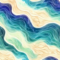 Seamless wavy pattern in ocean colors featuring fluid lines and gradients of turquoise, navy blue, and sandy beige. Abstract marine background tiles continuously.